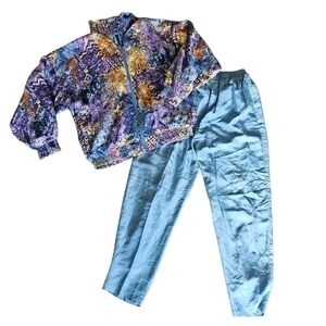 RARE VTG 80s CASUAL ISLE GOLD MULTI COLORED 100% Silk JACKET AND PANTS